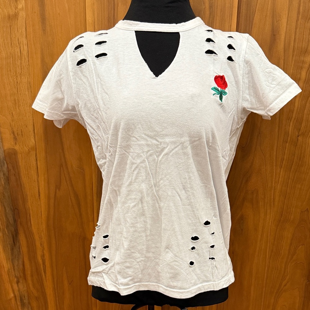 On Fire White Distressed Tee with Rose Embroidery